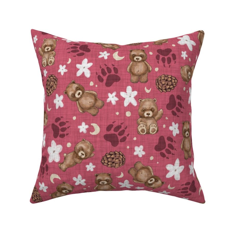 Brown Bears, Pine Cones, Stars and Moon on Woven Distressed on Berry Pink