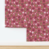 Brown Bears, Pine Cones, Stars and Moon on Woven Distressed on Berry Pink