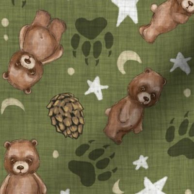 Woodland Brown Bears, Pine Cones, Stars and Moon on Woven Distressed on Dark Moss Green
