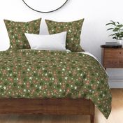 Woodland Brown Bears, Pine Cones, Stars and Moon on Woven Distressed on Dark Moss Green
