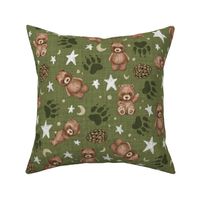 Woodland Brown Bears, Pine Cones, Stars and Moon on Woven Distressed on Dark Moss Green
