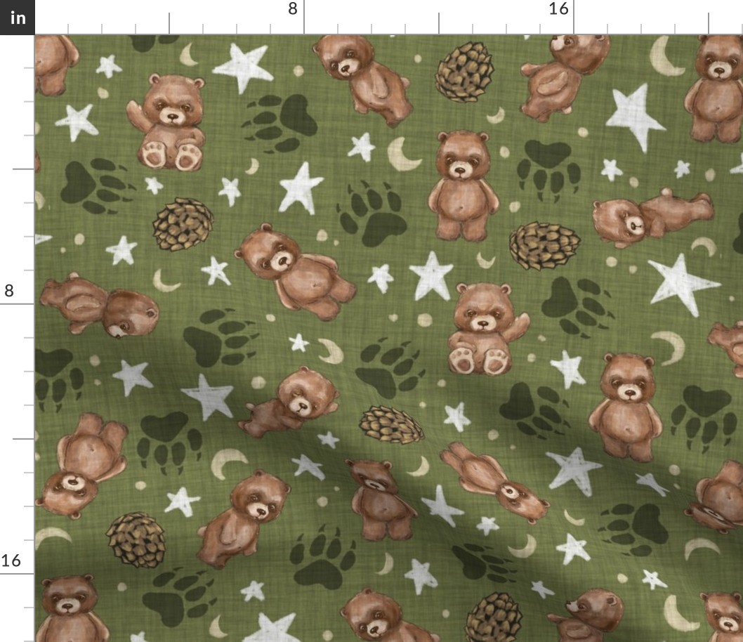 Woodland Brown Bears, Pine Cones, Stars and Moon on Woven Distressed on Dark Moss Green
