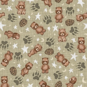 Woodland Brown Bears, Pine Cones, Stars and Moon on Woven Distressed on Khaki Tan