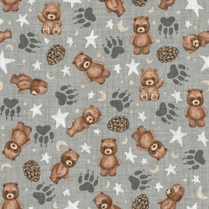 Woodland Brown Bears, Pine Cones, Stars and Moon on Woven Distressed Gray

