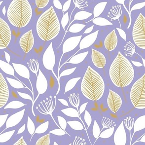 white leaves on purple with golden decor