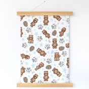 Woodland Brown Bears, Pine Cones, Stars, and Moon on Woven Distressed White