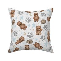 Woodland Brown Bears, Pine Cones, Stars, and Moon on Woven Distressed White