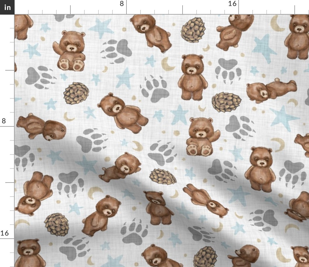 Woodland Brown Bears, Pine Cones, Stars, and Moon on Woven Distressed White