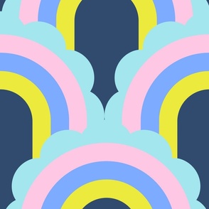 Large - Whimsical Rainbow Scallop - Yellow, Peri, and Pink on a Navy Blue Background