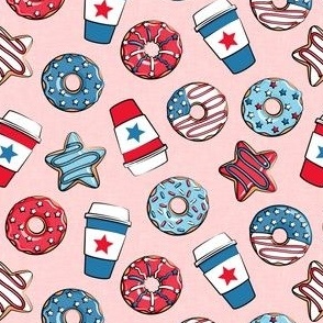 (small scale) Stars and Stripes Donuts and Coffee - July4th USA doughnuts - pink - LAD22