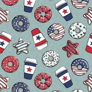 (small scale) Stars and Stripes Donuts and Coffee - July4th USA doughnuts - vintage blue - LAD22