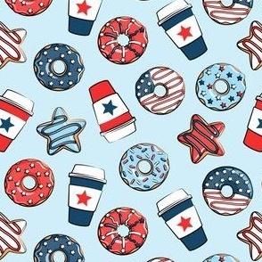 (small scale) Stars and Stripes Donuts and Coffee - July4th USA doughnuts - light blue - LAD22