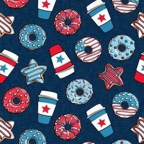 (small scale) Stars and Stripes Donuts and Coffee - July4th USA doughnuts - dark blue - LAD22