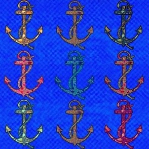 Multi coloured mixed media anchors on royal blue spotty background small