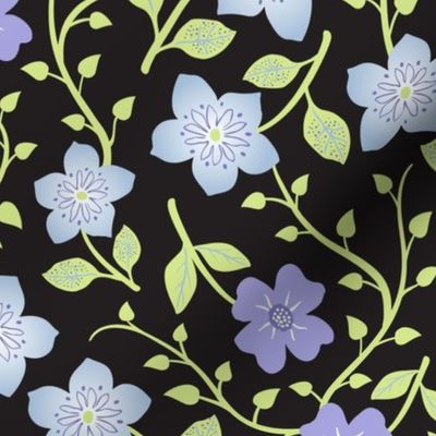 Blue and Lilac Floral on Black