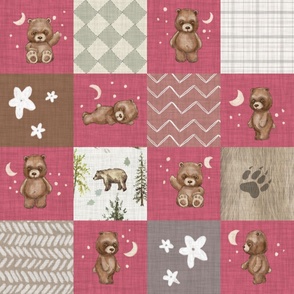 6" Cheater Quilt, Woodland Brown Bear Stars  and Moon Patchwork,  Distressed Woven Berry Pink