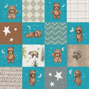 6" Cheater Quilt, Woodland Brown Bear Stars  and Moon Patchwork,  Distressed Woven Bright Teal Blue