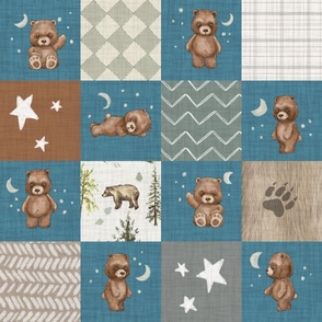 6" Cheater Quilt, Woodland Brown Bear Stars  and Moon Patchwork,  Distressed Woven Dark Teal Blue