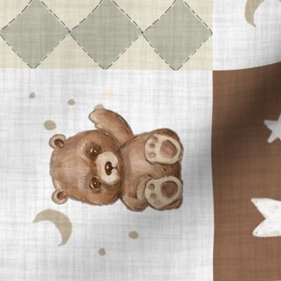 6" Cheater Quilt, Woodland Brown Bear Stars  and Moon Patchwork,  Distressed Woven White, rotated