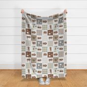 6" Cheater Quilt, Woodland Brown Bear Stars  and Moon Patchwork,  Distressed Woven White, rotated