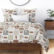 6" Cheater Quilt, Woodland Brown Bear Stars  and Moon Patchwork,  Distressed Woven White, rotated