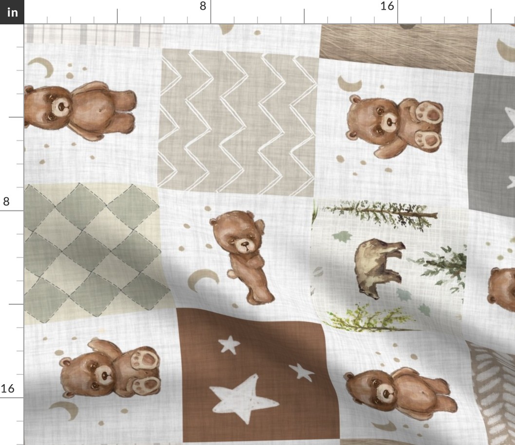 6" Cheater Quilt, Woodland Brown Bear Stars  and Moon Patchwork,  Distressed Woven White, rotated