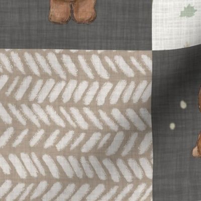 6" Cheater Quilt, Woodland Brown Bear Stars  and Moon Patchwork,  Distressed Woven Dark Gray Black