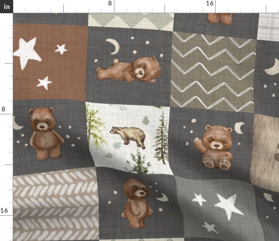 6" Cheater Quilt, Woodland Brown Bear Stars  and Moon Patchwork,  Distressed Woven Dark Gray Black