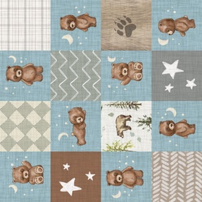 6" Cheater Quilt, Woodland Brown Bear Stars  and Moon Patchwork,  Distressed Woven Denim Blue , rotated