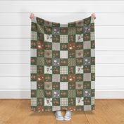 6" Cheater Quilt, Woodland Brown Bear Stars  and Moon Patchwork, Distressed Woven Dark Forest Green