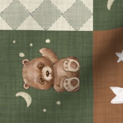 6" Cheater Quilt, Woodland Brown Bear Stars  and Moon Patchwork, Distressed Woven Dark Forest Green