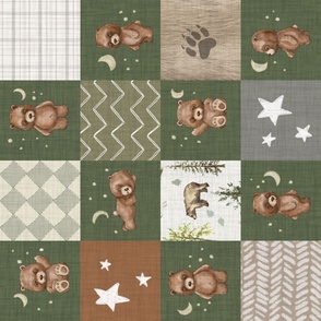 6" Cheater Quilt, Woodland Brown Bear Stars  and Moon Patchwork, Distressed Woven Dark Forest Green