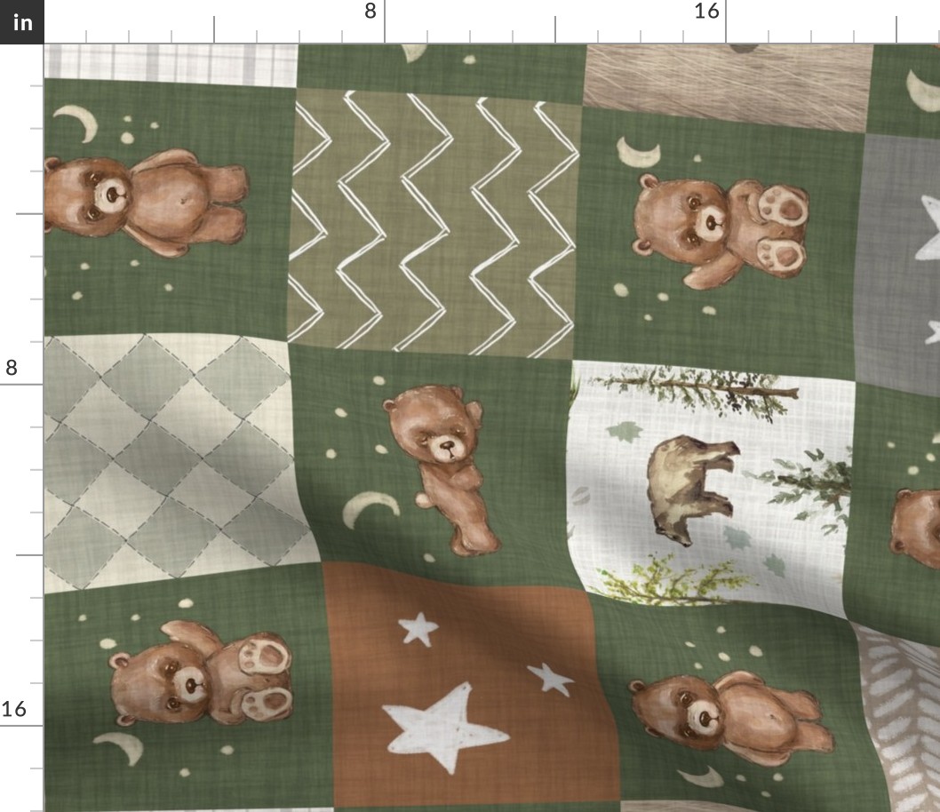 6" Cheater Quilt, Woodland Brown Bear Stars  and Moon Patchwork, Distressed Woven Dark Forest Green