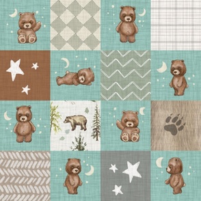 6" Cheater Quilt, Woodland  Brown Bear Stars  and Moon Patchwork,  Distressed Woven Aqua Blue