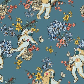 Space and astronaut floral pattern on blue