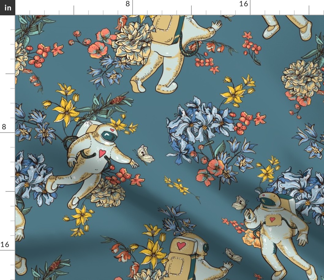 Space and astronaut floral pattern on blue