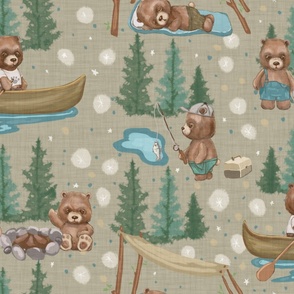 Woodland Brown Bears Camping, Fishing,  Canoes,  in Pine Trees, Great Outdoor, on Distressed Woven on Khaki