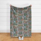 Woodland Brown Bears Camping, Fishing,  Canoes,  in Pine Trees, Great Outdoor, on Distressed Woven on Gray