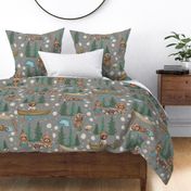 Woodland Brown Bears Camping, Fishing,  Canoes,  in Pine Trees, Great Outdoor, on Distressed Woven on Gray