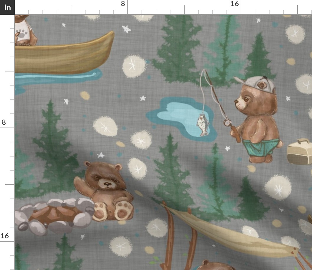 Woodland Brown Bears Camping, Fishing,  Canoes,  in Pine Trees, Great Outdoor, on Distressed Woven on Gray