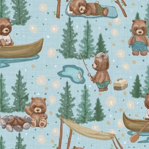 Woodland Brown Bears Camping, Fishing,  Canoes,  in Pine Trees, Great Outdoor, on Distressed Woven  on Light Pastel Blue
