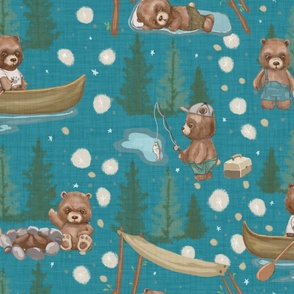 Woodland Brown Bears Camping, Fishing,  Canoes,  in Pine Trees, Great Outdoor, on Distressed Woven  Bright Aqua Blue