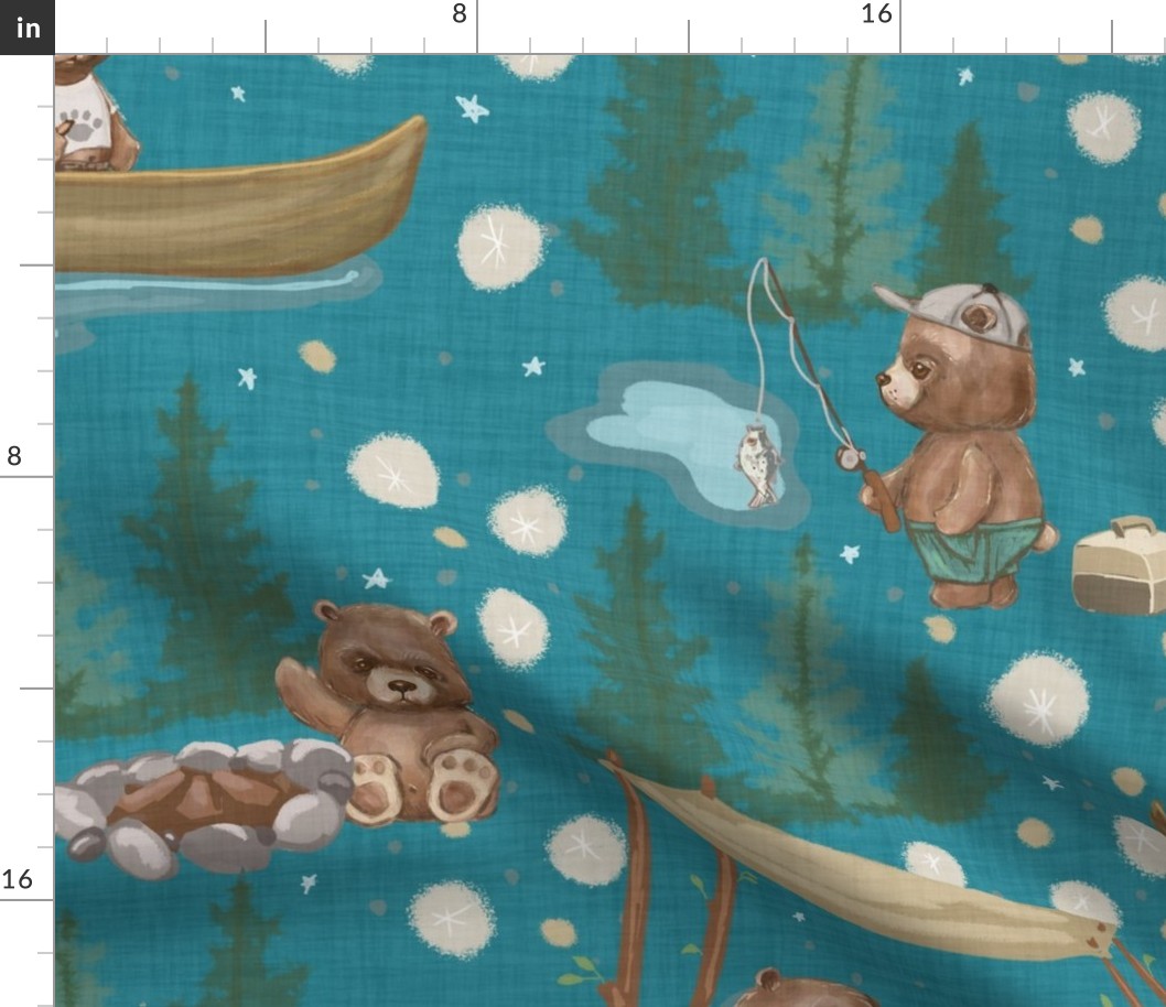 Woodland Brown Bears Camping, Fishing,  Canoes,  in Pine Trees, Great Outdoor, on Distressed Woven  Bright Aqua Blue