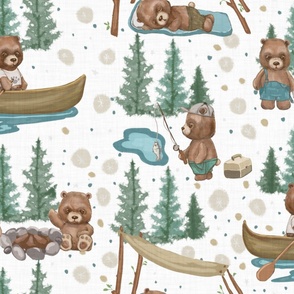 Woodland Brown Bears Camping, Fishing,  Canoes,  in Pine Trees, Great Outdoor, on Distressed Woven  White