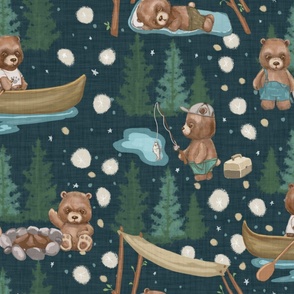 Woodland Brown Bears Camping, Fishing,  Canoes,  in Pine Trees, Great Outdoor, on Distressed Woven Dark Blue