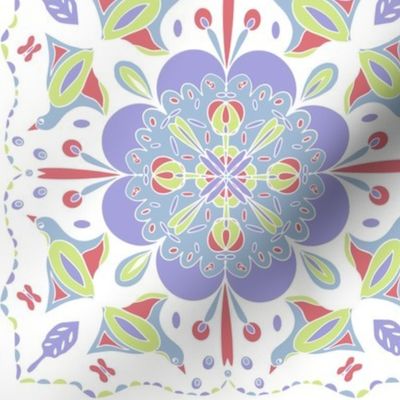 Tiled Medallion Pastel Comfort -delicate, Large scale, Petal cotton Coordinates, honey dew lilac, blue sky, birds