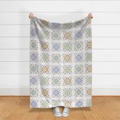 Tiled Medallion Pastel Comfort -delicate, Large scale, Petal cotton Coordinates, honey dew lilac, blue sky, birds