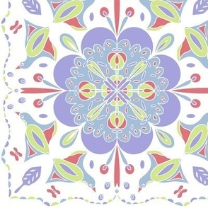 Tiled Medallion Pastel Comfort -delicate, Large scale, Petal cotton Coordinates, honey dew lilac, blue sky, birds