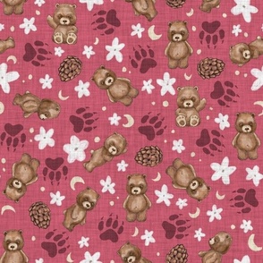 Woodland Brown Bears, Pine Cones, Stars, and Moon on Woven Distressed Berry Pink, Small