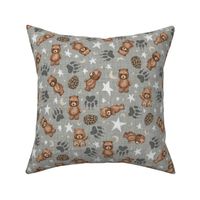 Woodland Brown Bears, Pine Cones, Stars, and Moon on Woven Distressed Gray, Small